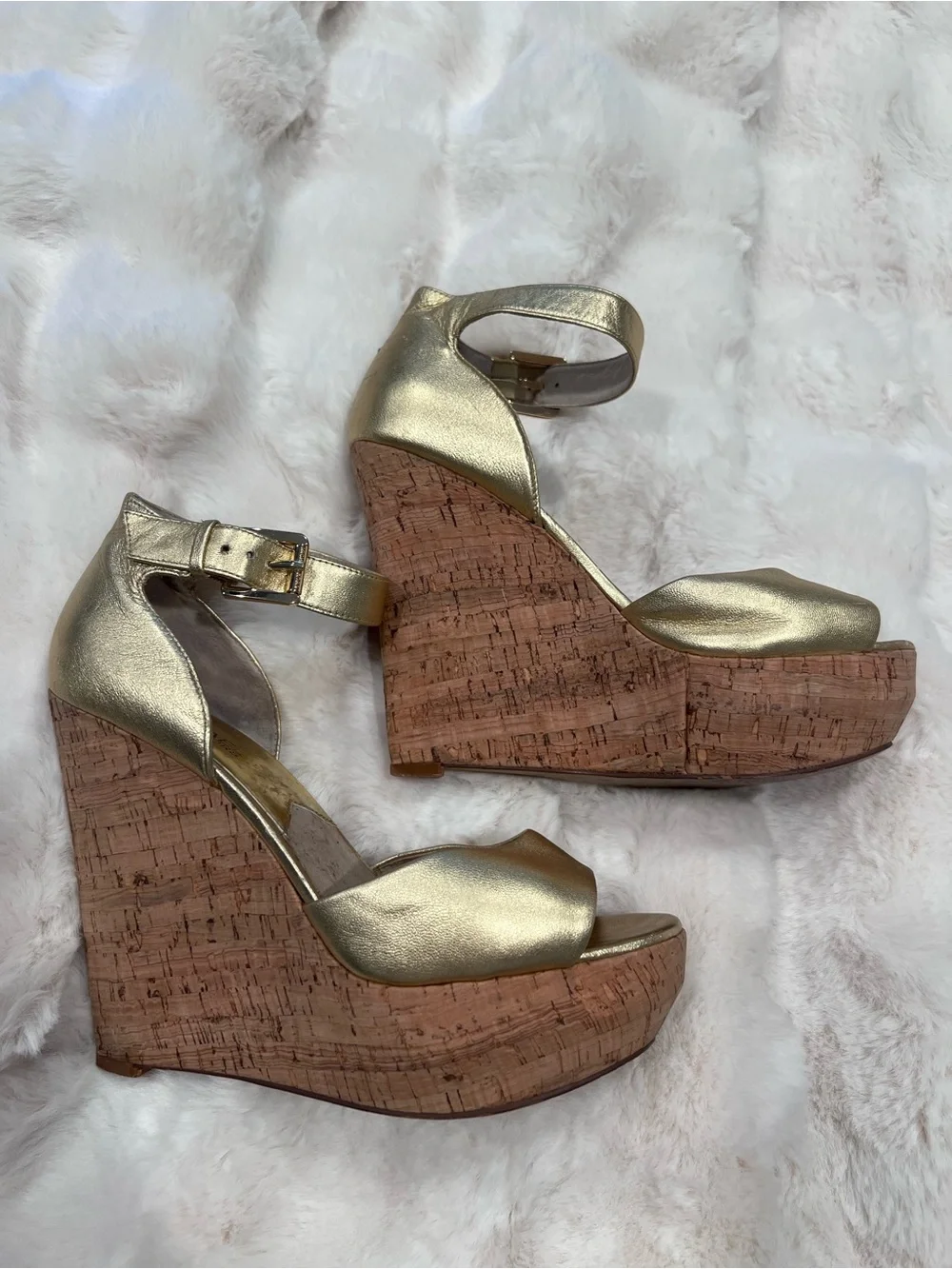 Michael Kors Metallic Gold Cork Wedge Sandals with Ankle Strap